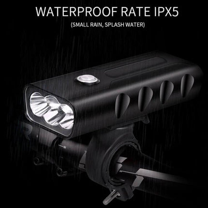 BX3 USB Charging Bicycle Front Handlebar Light for Night Riding showing waterproof IPX5 black front light mounted on handlebars with silicone bracket