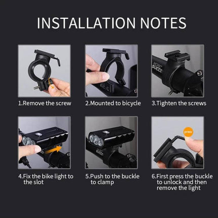 BX3 USB Charging Bicycle Front Handlebar Light for Night Riding showing six-step installation notes with silicone mount, 360° bracket and screw tightening