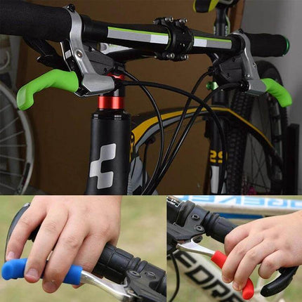 Bicycle Brake Silicone Covers For Grips Universal Fit on bike handlebars showing green, blue, and red silicone brake lever covers