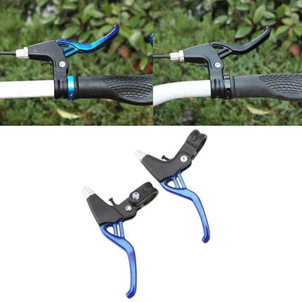 Mountain Bike Alloy Brake Levers Pair, Lightweight Aluminum, Black — matched left and right blue-aluminum levers installed on 22mm handlebars