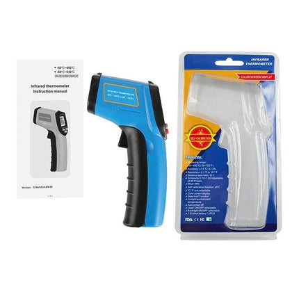 Portable Infrared Thermometer for Contactless Checks handheld blue and black unit with packaging and manual