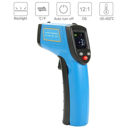 Portable Infrared Thermometer for Contactless Checks showing blue handheld non-contact temperature gun with digital display and buttons