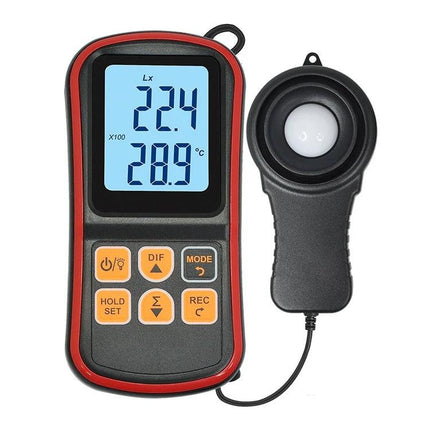 Benetech Portable Light Meter for Everyday Lighting Measurement handheld meter with sensor showing 22.4 lx and 28.9°C, red-black compact design