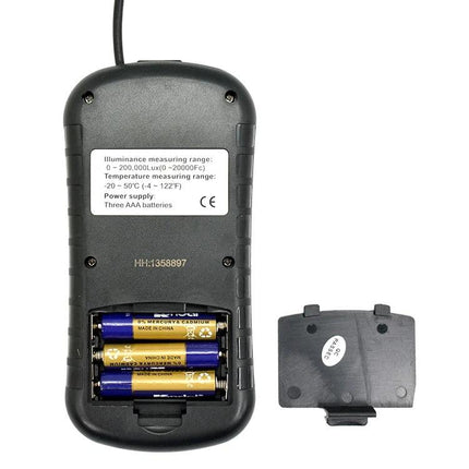 Benetech Portable Light Meter for Everyday Lighting Measurement showing back with battery compartment open and three AAA batteries