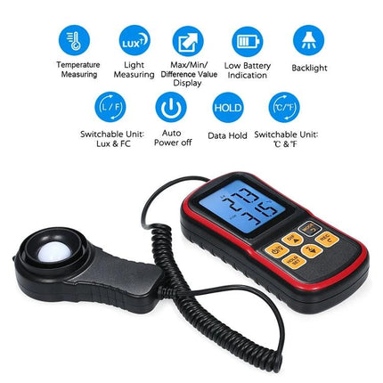 Benetech Portable Light Meter for Everyday Lighting Measurement - handheld lux meter with sensor, backlit display and buttons for photographers and homeowners
