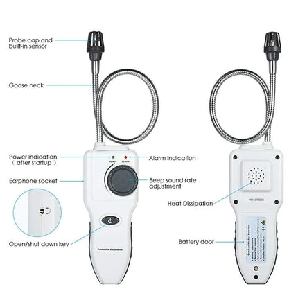 Portable Combustible Gas Detector with Flexible Gooseneck showing front and back views, labeled features for leak detection in hard-to-reach areas
