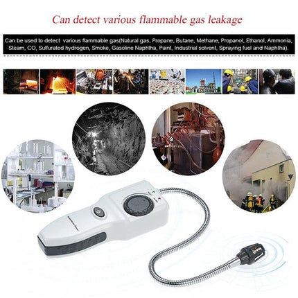 Portable Combustible Gas Detector with Flexible Gooseneck showing detector with flexible probe and sample usage scenes