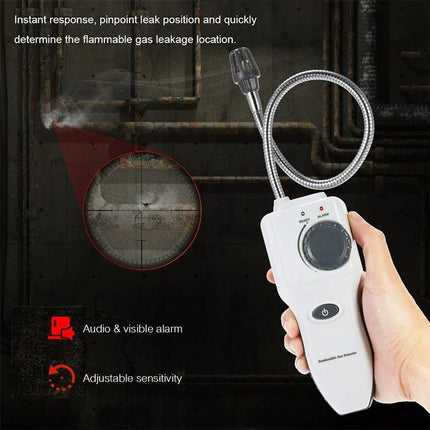 Portable Combustible Gas Detector with Flexible Gooseneck held by hand detecting leak behind appliance, adjustable sensitivity and audio-visible alarm