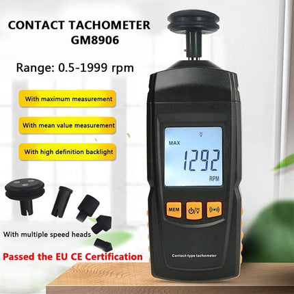 Benetech Portable Contact Tachometer for Speed Measurement handheld contact tachometer showing 1292 RPM with multiple speed heads