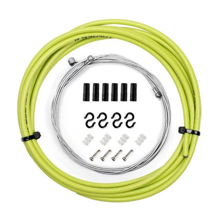 7 In 1 Mushroom Head PVC Brake Cable Tube Set For Road Bike – lime green PVC sleeve with galvanized cable, end caps and mounting hardware, 1.5mm kit