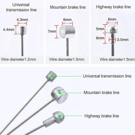7 In 1 Mushroom Head PVC Brake Cable Tube Set For Road Bike showing universal, mountain, and highway brake line end types with measurements
