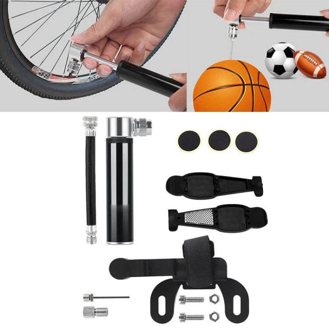 Manual Mini Portable Bicycle Pump Kit With Glue Free Patches And Tire Levers - compact aluminum inflator with gauge, bracket, patches and levers for on-the-go bike repairs