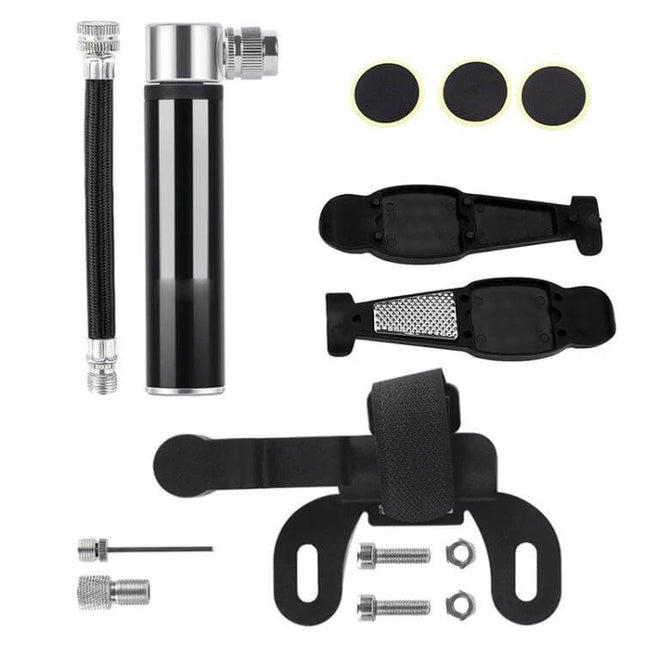 Manual Mini Portable Bicycle Pump Kit With Glue Free Patches And Tire Levers compact aluminum inflator with gauge, tire levers, glue-free patches and frame mount