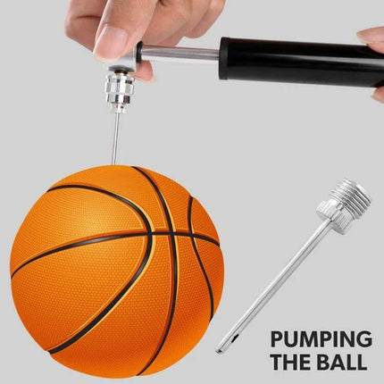 Manual Mini Portable Bicycle Pump Kit With Glue Free Patches And Tire Levers shown inflating a basketball with needle adapter, compact aluminum hand pump and accessories
