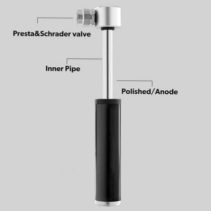 Manual Mini Portable Bicycle Pump Kit With Glue Free Patches And Tire Levers - aluminum alloy mini pump with Presta & Schrader valve, pressure gauge, frame bracket