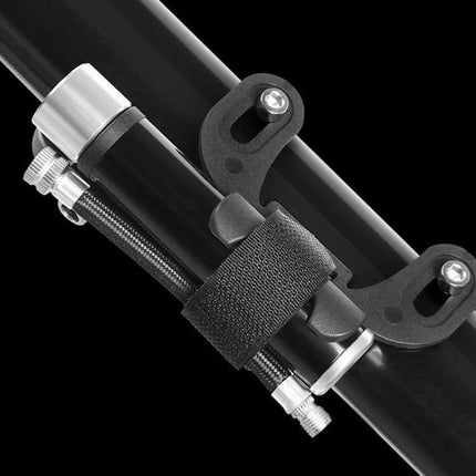 Manual Mini Portable Bicycle Pump Kit With Glue Free Patches And Tire Levers mounted on bike frame with bracket and strap, compact aluminum alloy inflator with hose and gauge