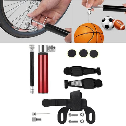 Manual Mini Portable Bicycle Pump Kit With Glue Free Patches And Tire Levers - compact aluminum inflator, gauge, glue-free patches, tire levers and mounting bracket