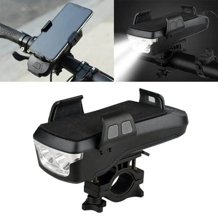 Bike Phone Holder With Headlight For Safe Rides And Convenience mounted on bike handlebars showing phone cradle, headlight beam and power bank features