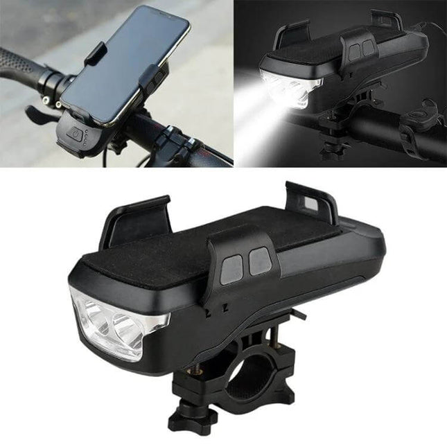 Bike Phone Holder With Headlight For Safe Rides And Convenience mounted on bike handlebars showing phone cradle, headlight beam and power bank features