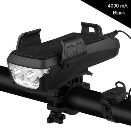 Bike Phone Holder With Headlight For Safe Rides And Convenience mounted on bicycle handlebar showing phone cradle, front light, power bank and speaker