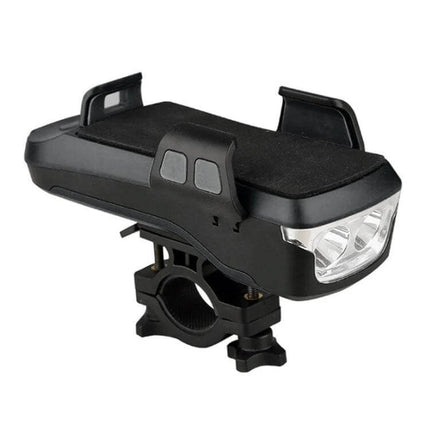 Bike Phone Holder With Headlight For Safe Rides And Convenience compact handlebar mount with front light, phone cradle, power bank and speaker
