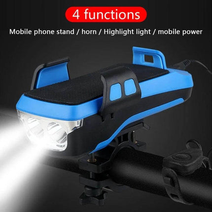 Bike Phone Holder With Headlight For Safe Rides And Convenience - blue multi-function bike mount with front light, phone cradle, power bank and horn