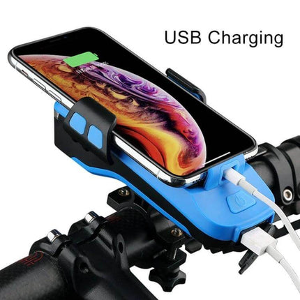 Bike Phone Holder With Headlight For Safe Rides And Convenience - blue handlebar phone mount with USB charging and power bank