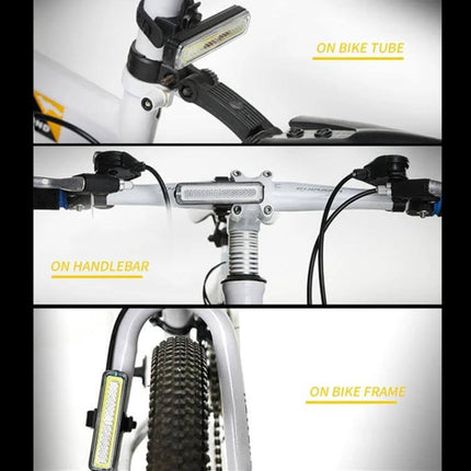 Rainbow Bike Tail Light USB Rechargeable For Night Riding mounted on handlebar, bike tube and frame showing compact PC housing and rainbow finish for improved rear visibility