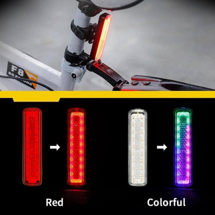 Rainbow Bike Tail Light USB Rechargeable For Night Riding - compact PC housing rear USB bike light with rainbow finish, 92x23x31mm, 750mAh battery
