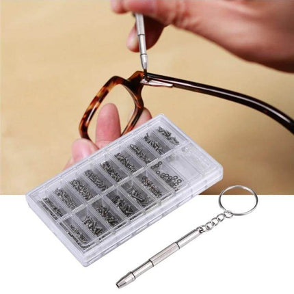 Watch And Sunglasses Screws Repair Kit With Screwdriver showing organized 18-compartment case and precision screwdriver repairing eyeglass hinge