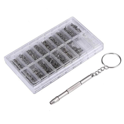 Watch And Sunglasses Screws Repair Kit With Screwdriver compact divided case with 18 screw types, gaskets, nuts and keychain screwdriver