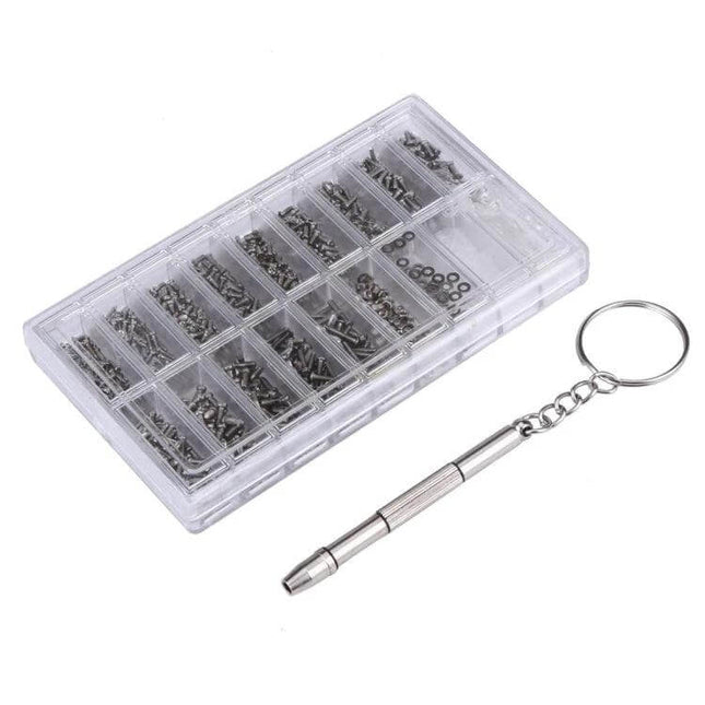 Watch And Sunglasses Screws Repair Kit With Screwdriver compact divided case with 18 screw types, gaskets, nuts and keychain screwdriver