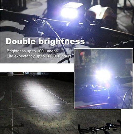 Y15 USB Charging Bike Headlight DualLED With 5 Modes bright beam on handlebar showing 600 lumens night visibility