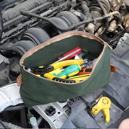 Tool Carrying Bag 14.5x9x3 cm For Small Hand Tools - compact wet wax Oxford cloth pouch with zipper holding screwdrivers and pliers on car engine