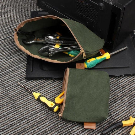 Electrician Tool Carrying Bag For Hand Tools Khaki - compact wet wax Oxford cloth pouch with screwdrivers, pliers and wrenches organized for electricians