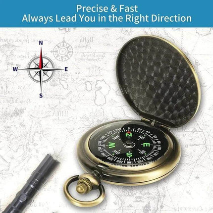 Vintage Metal Flip Pocket Watch Compass for Hiking and Camping open brass compass showing dial and vintage finish, pocket-sized navigation tool
