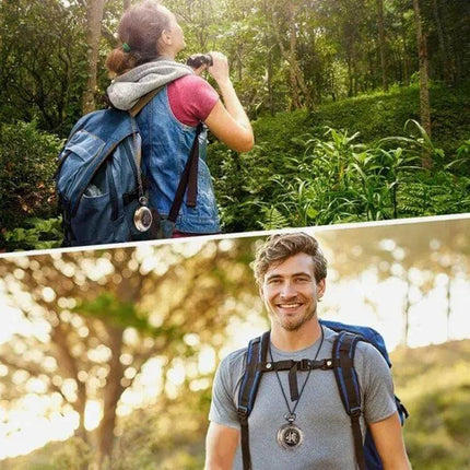 Vintage Metal Flip Pocket Watch Compass for Hiking and Camping shown hanging from hikers’ backpacks and worn around neck in forest setting