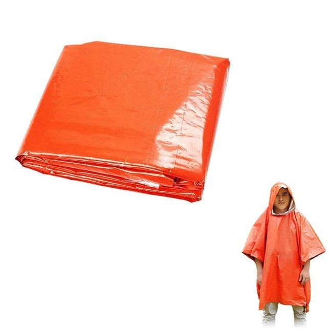 AOTU Long Waterproof Raincoat for Outdoor Camping Use - Folded orange PE rain poncho with hood, full coverage for hiking and camping