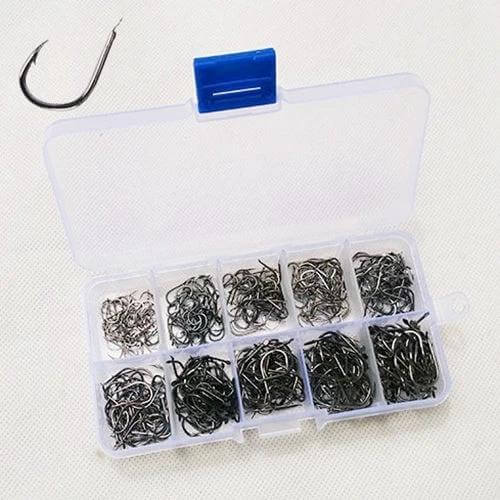 Mixed Size Barbed Fishing Hooks Set, 500 Pieces, Sizes 3 to 12 - 500 assorted barbed hooks organized in clear plastic box with 10 compartments