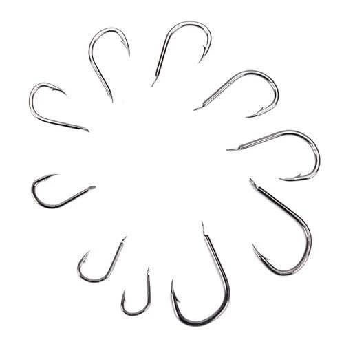 Mixed Size Barbed Fishing Hooks Set, 500 Pieces, Sizes 3 to 12 - assorted sharp barbed hooks displayed in a circular layout