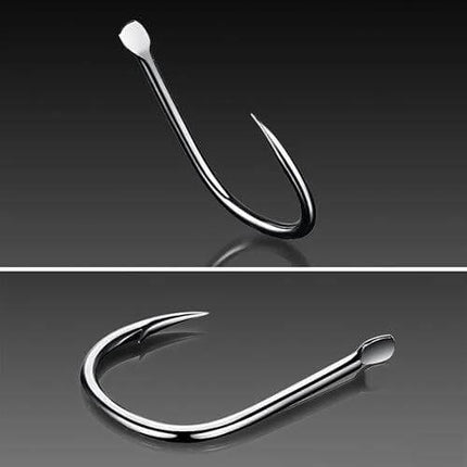 Mixed Size Barbed Fishing Hooks Set, 500 Pieces, Sizes 3 to 12 - close-up of shiny barbed hook on reflective background