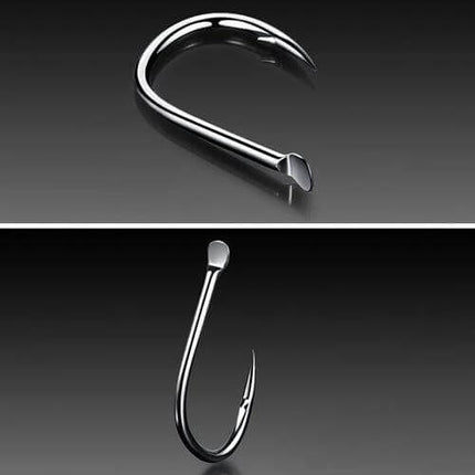 Alt Tag: Mixed Size Barbed Fishing Hooks Set, 500 Pieces, Sizes 3 to 12 - close-up of shiny barbed hooks on dark background