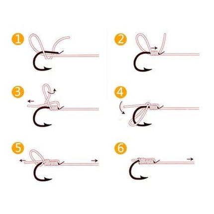 Mixed Size Barbed Fishing Hooks Set, 500 Pieces, Sizes 3 to 12 — step-by-step illustrated knot tying guide showing six numbered stages