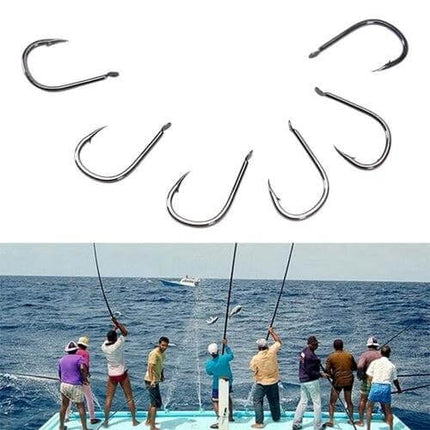Mixed Size Barbed Fishing Hooks Set, 500 Pieces, Sizes 3 to 12 - assorted barbed hooks in organizer box with anglers fishing from boat