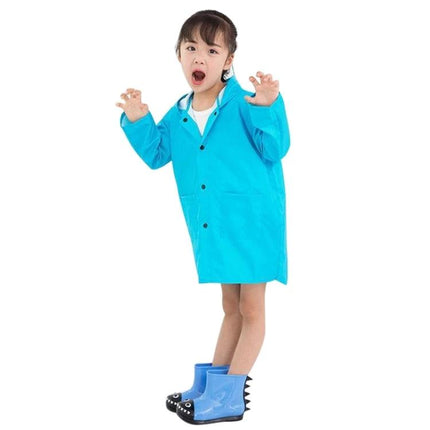 Cartoon Dinosaur Fashion Raincoat for Children, Size S bright blue hooded raincoat on child with playful dinosaur boots