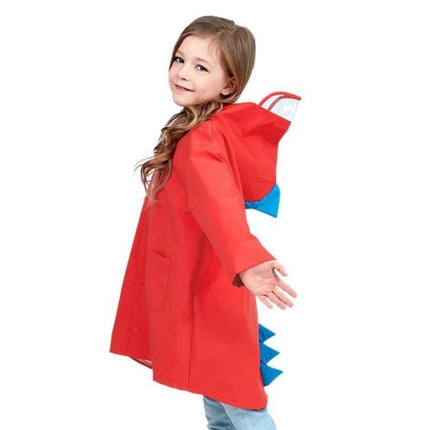 Cartoon Dinosaur Fashion Raincoat for Children, Size S - Red kids raincoat with playful dinosaur hood and tail, lightweight non-toxic protection for school and play
