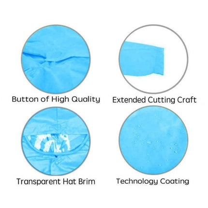 Children's Cartoon Dinosaur Fashion Raincoat for Rainy Days, Size M - Blue raincoat closeups showing high quality buttons, transparent hat brim, sleeve and waterproof coating