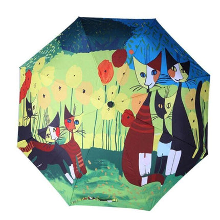 Foldable Sunshade Umbrella with UV and Rain Protection Design featuring colorful cat and floral print on compact foldable canopy