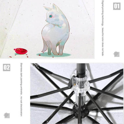 Foldable Sunshade Umbrella with UV and Rain Protection Design showing printed white cat art and sturdy black rib frame close-up