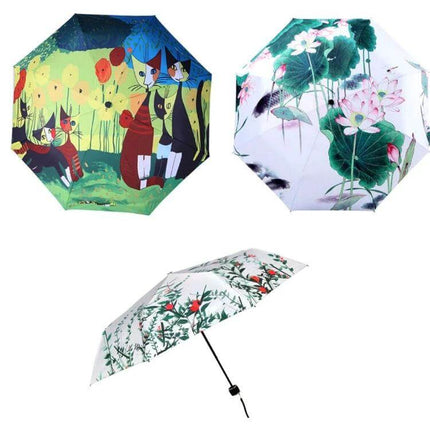 Foldable Sunshade Umbrella with UV and Rain Protection Design, three colorful printed compact umbrellas (cats, lotus, floral)